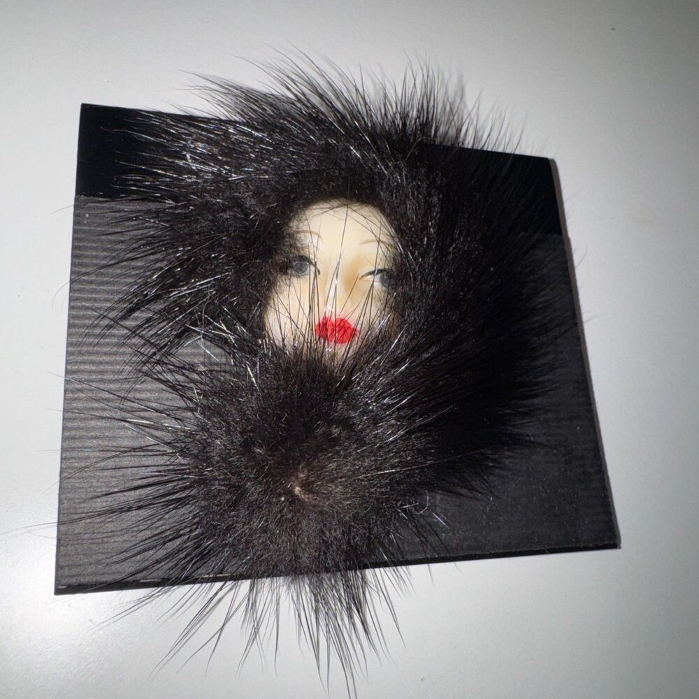 Porcelain Vintage Capri Williams Women Face Brooch Fancy Fur Pin